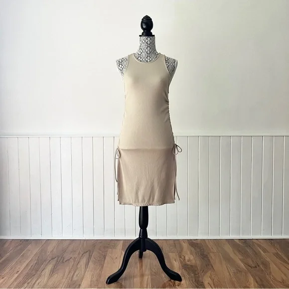 Zara Tan Ribbed Knit Ruched Drawstring Bodycon Dress Size S - Picture 15 of 15